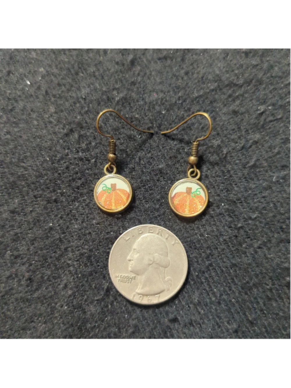 Bronze Tone White and Orange Glitter Pumpkin Dainty Drop Statement Earrings